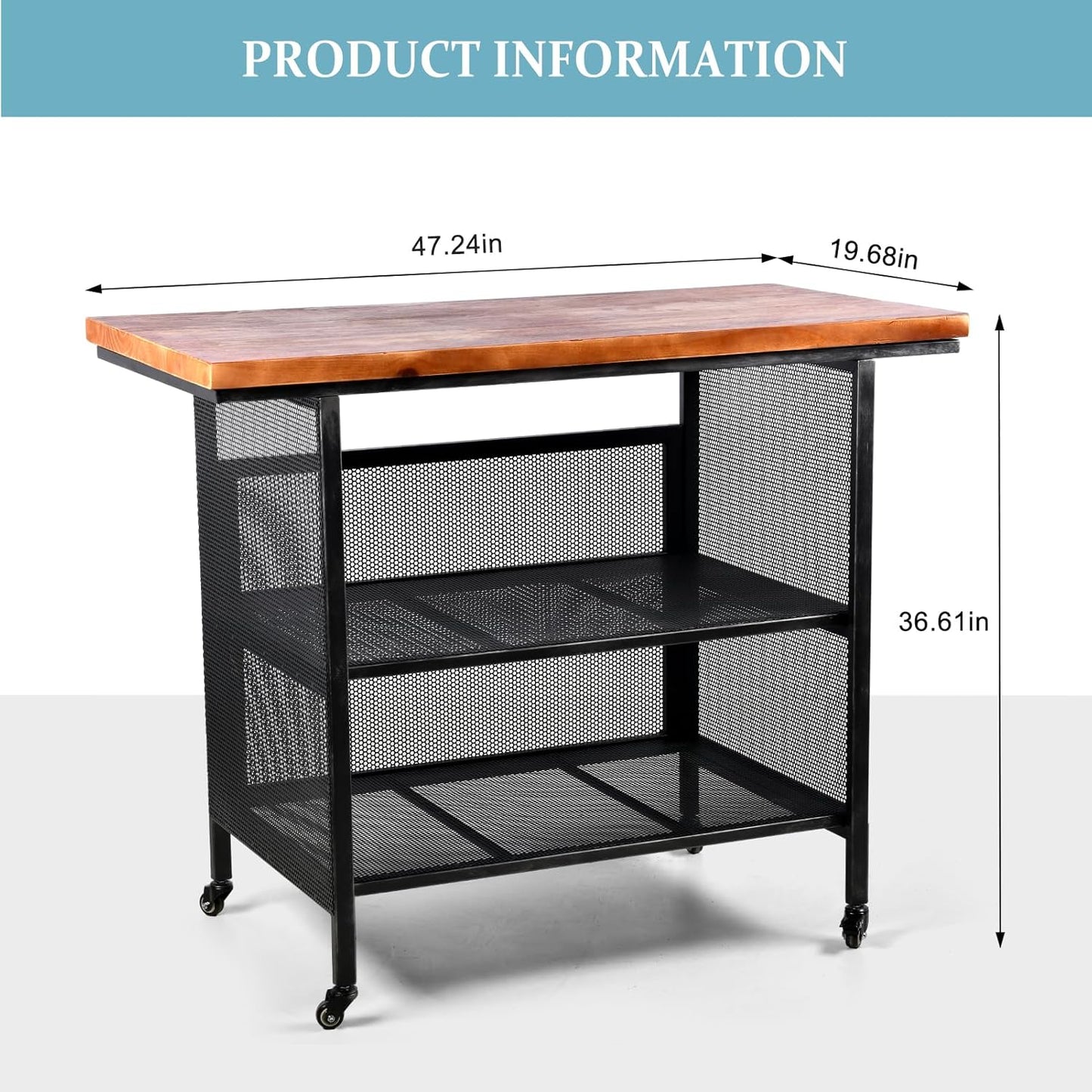 Rustic 3-Tiered Serving Cart with Casters Vintage Rolling Bar Cart for Kitchen Living Room Industrial Mobile Barbecue Cart for Outdoor&Indoor 47.2 * 19.7 * 36.6in L*W*H