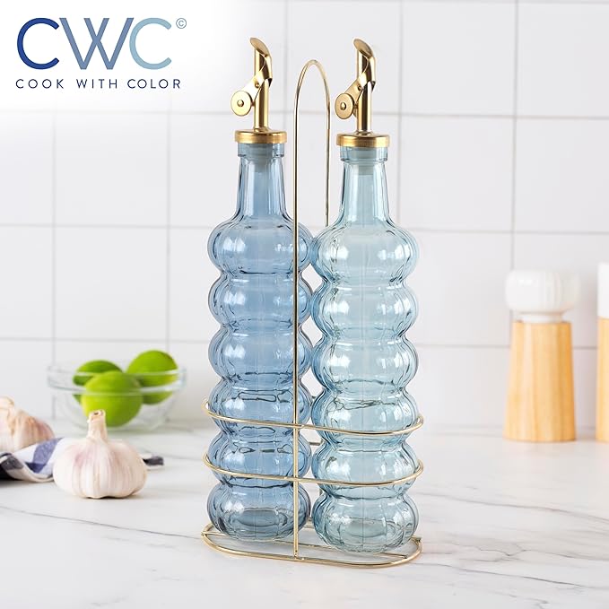COOK WITH COLOR Glass Olive Oil Bottle Dispenser - 2 Pack- 17oz Oil and Vinegar Cruet - Olive Oil Carafe Decanter for Kitchen