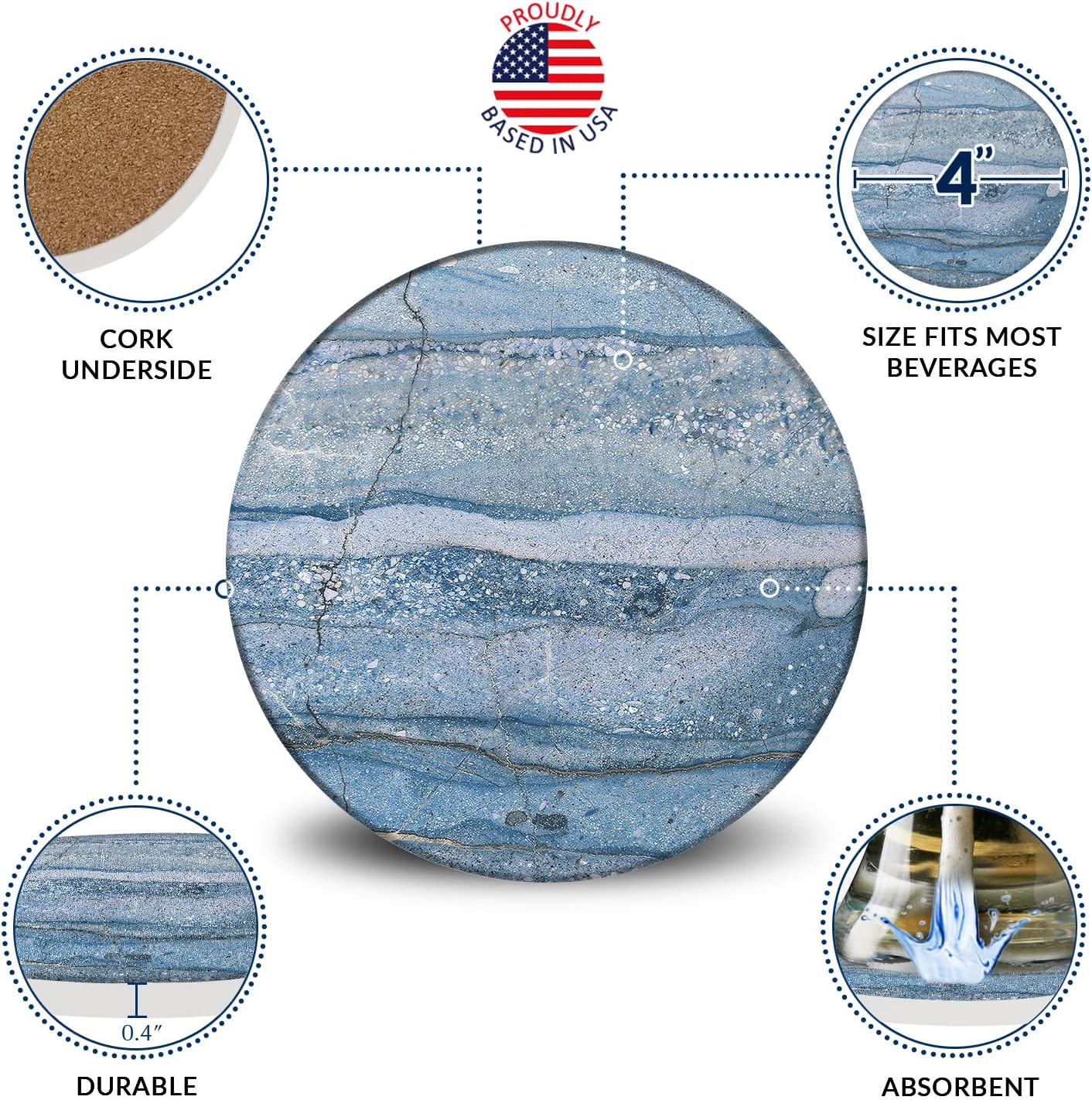 Emerson Coasters for Drinks Absorbent – Natural Stone Drink Coasters Set with Holder, Coasters for Coffee Table, Wooden Tabletop Protection Marble Style – 100% Heavy Duty Set of 6 (Beach)