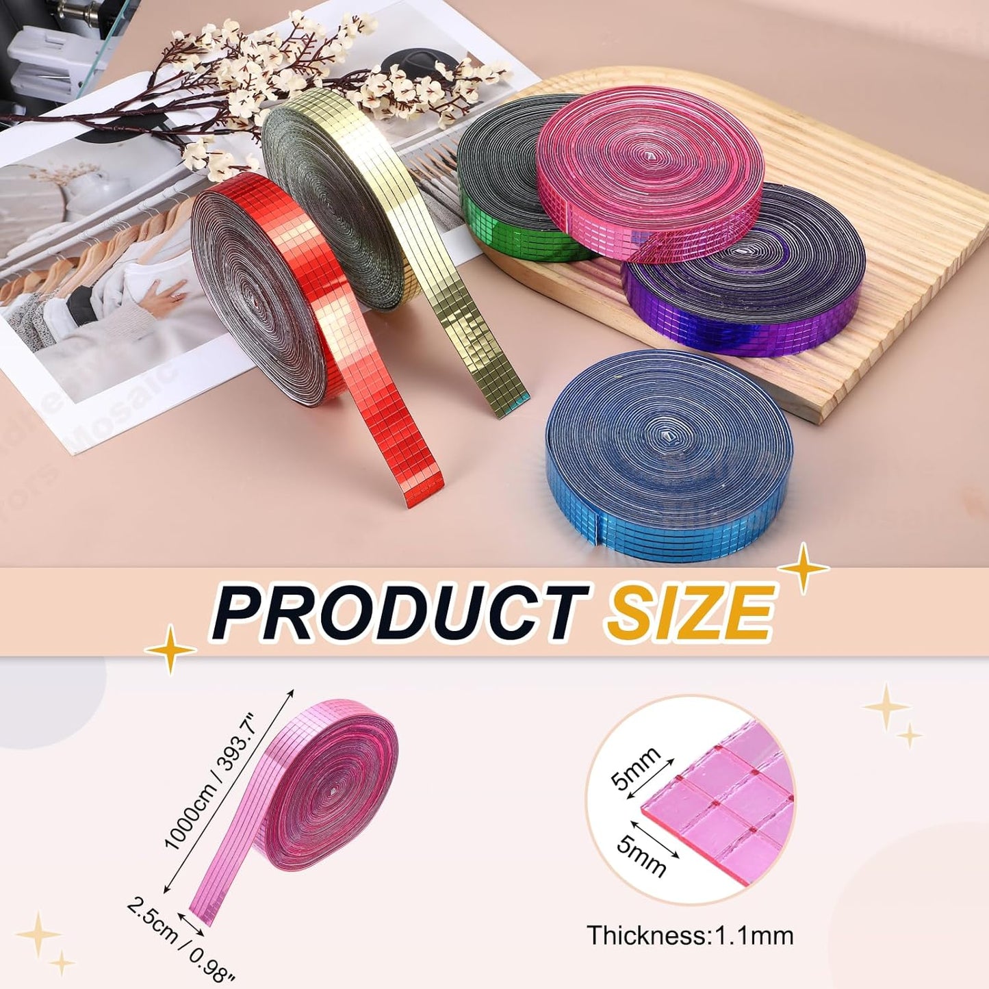 PATIKIL 5x5mm Self Adhesive Mirrors Mosaic Tiles, 10000 Pcs Square Mini Glass Mosaic Disco Tile Sticker for DIY Craft Disco Ball Party Decoration, Pink