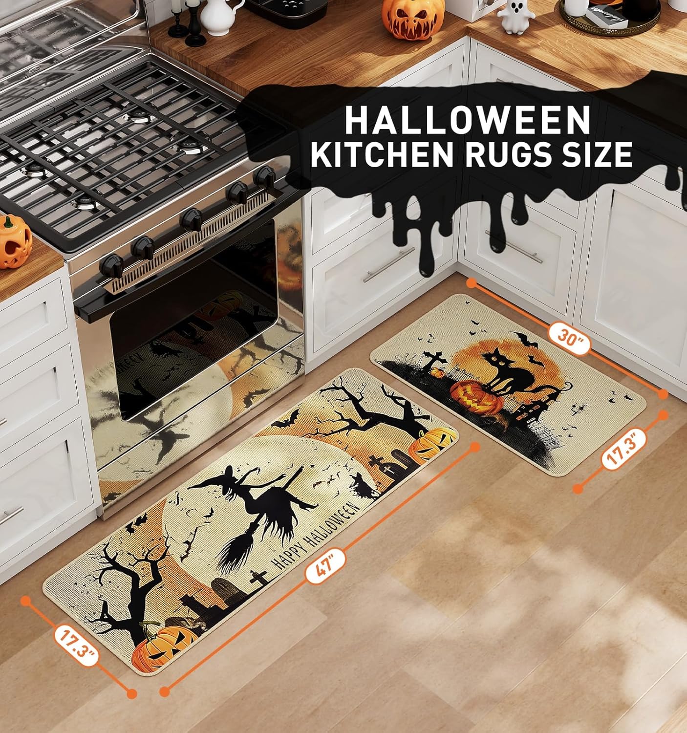 Halloween Kitchen Mat Set of 2, Spooky Witch Pumpkin Cat Halloween Kitchen Decor, Halloween Rug for Floor, Indoor Spooky Home Decor with Non-Slip Backing,17 x 29 Inch & 17 x 47 Inch