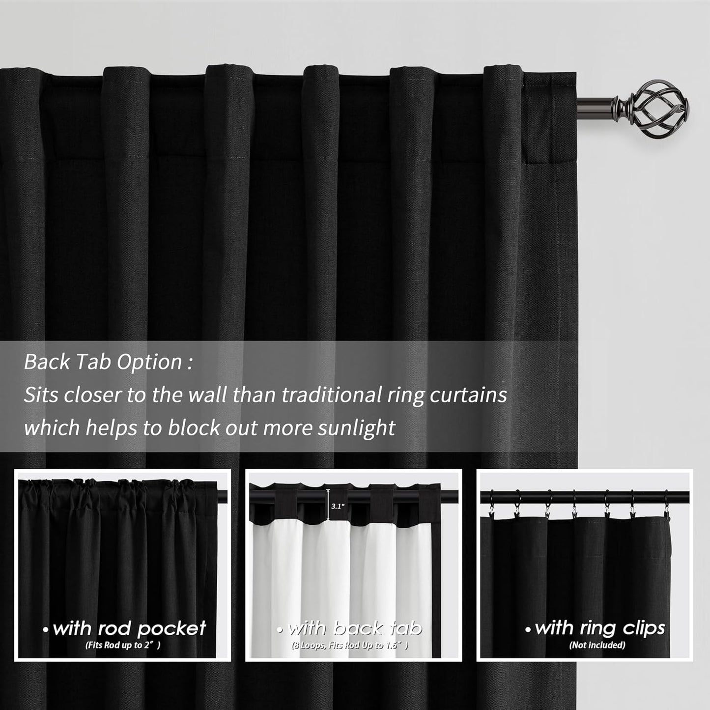 BOODII 108 Inch Black Out Curtains 2 Panels Set Back Tab Thermal Insulated Black Linen Textured Blackout Curtains Noise Reducing for Farmhouse Living Room Darkening Window Drapes 52x108