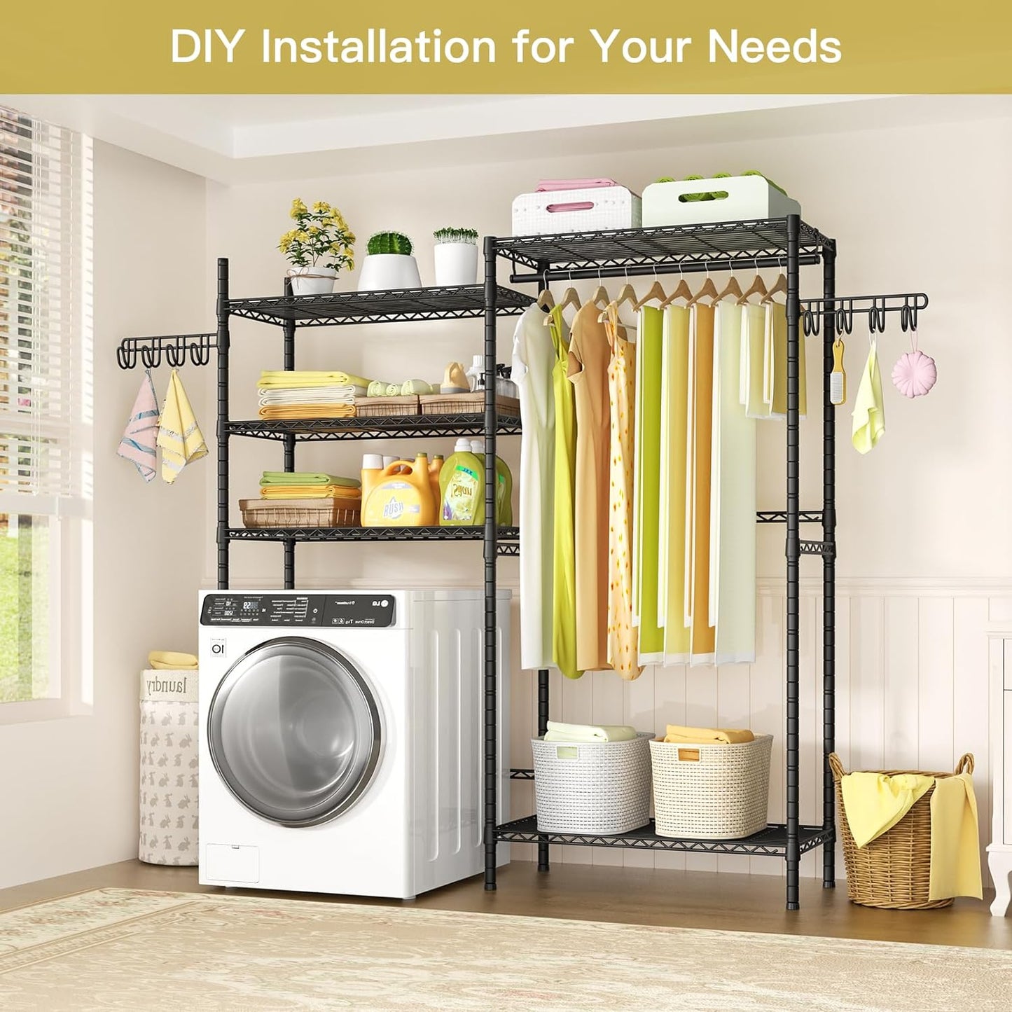 Ulif U5 Over the Washer and Dryer Storage Shelf, Laundry Room Space Saver Bathroom Storage and Organizer Rack for Hanging Towels and Drying Clothes with 5 Wire Shelves, 58.2"W x 13.4"D x 77.5"H, Black