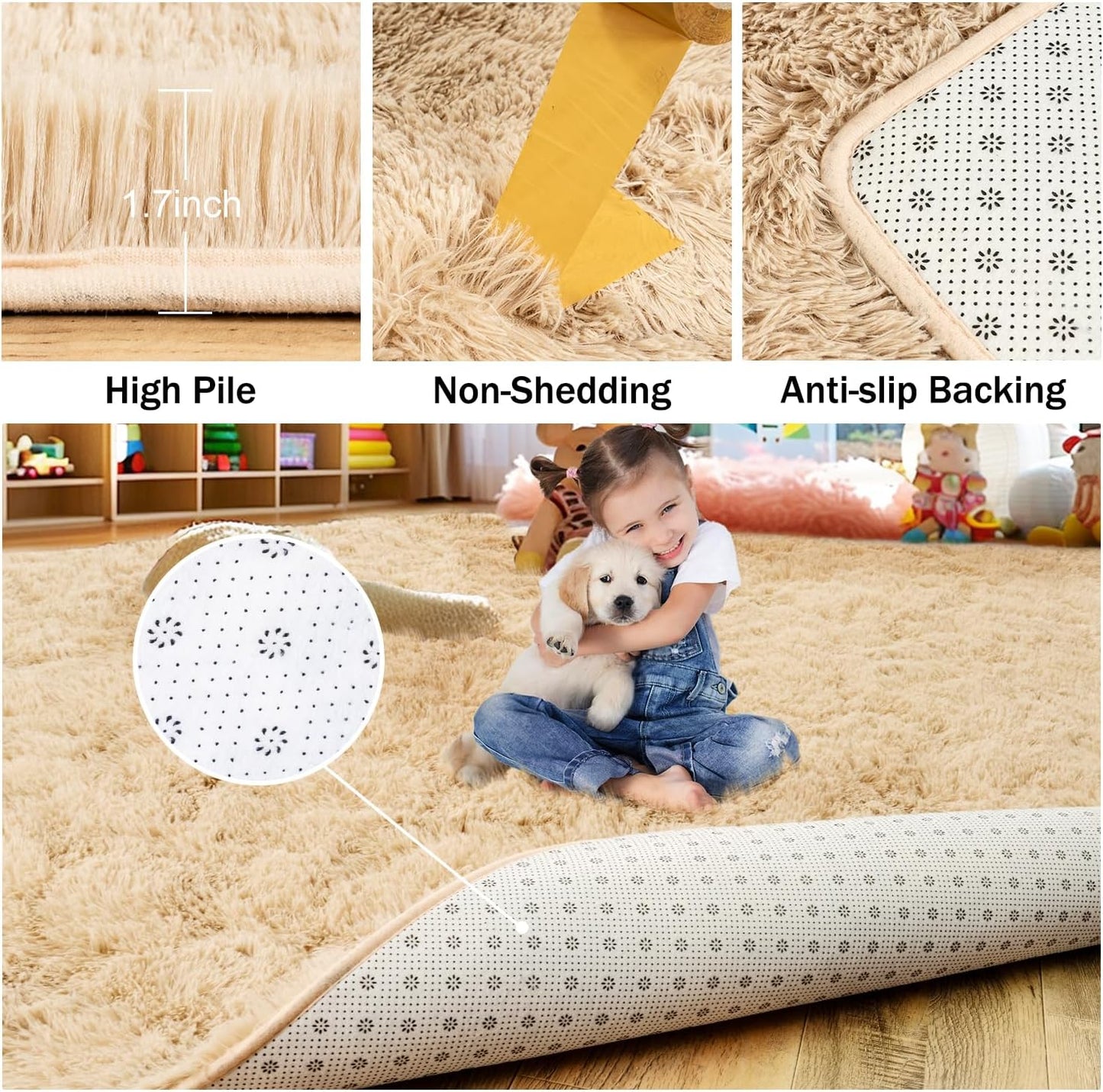 Rezutan Fluffy Rug for Living Room Bedroom Soft Modern Shaggy Fuzzy Kids for Living Room, Cute Room Decor, Plush Indoor Nursery Home Decor Bedside with Non-Slip Bottom, Beige, 4 X 6 Feet