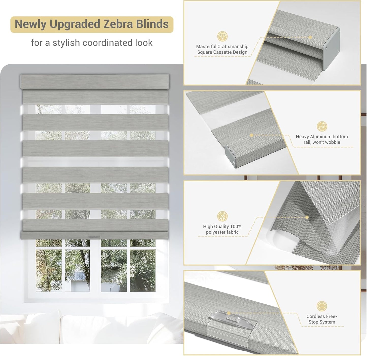 Cordless Zebra Blinds for Windows, Blackout Interior Blinds,Easy to Install,UV Protection,for Offices and Home,Custom Roller Shades, Mousse Light Grey,75" W x 72" H