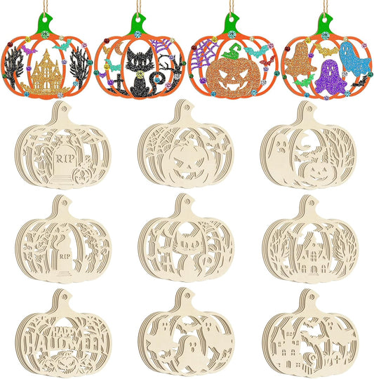 36PCS Wooden Pumpkins Ornaments to Paint Halloween Thanksgiving Decoration Cutouts Unfinished 3.5 inches, DIY Blank Unfinished Pumpkin Ornament for Home Harvest Crafts Hanging Autumn Decor（6Style）