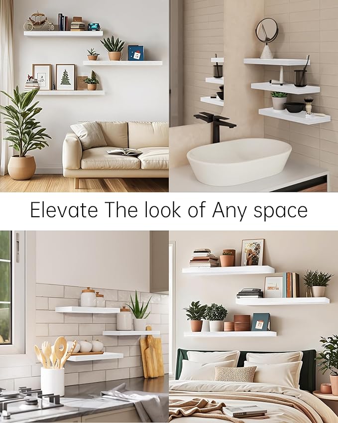 BAYKA Floating Shelves for Wall, 22.5 inches Wall Mounted Rustic Wood Shelves for Bathroom, Bedroom, Living Room, Floating Shelves for Books/Storage/Decor (White,Set of 3)