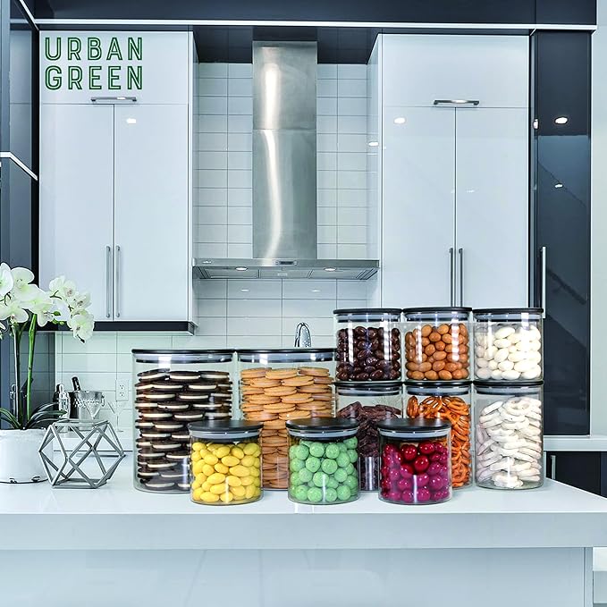 Urban Green Glass Jars with Airtight Black Lids, Food Storage Container with Airtight Lids, Glass Canisters Sets, Kitchen Food Storage Containers (6 Sets of 20oz)