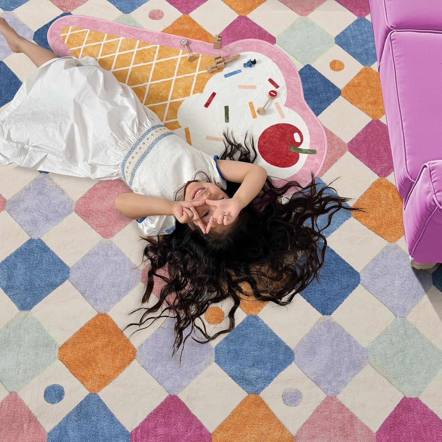 jinchan Kids Rug for Classroom 7ft Radius Corner Washable Area Rug Modern Colorful Quarter Circle Rug Soft Non-Slip Carpet for Nursery Playroom Daycare Reading Nook Living Room Berries on Cream