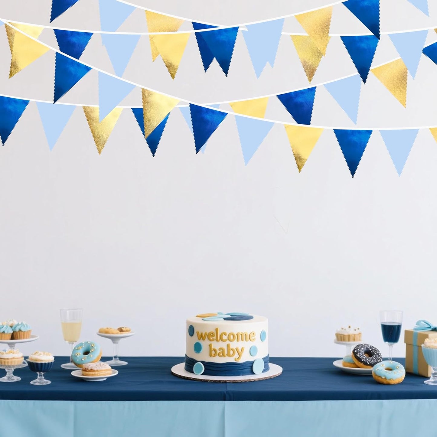 Gold Blue Party Decoration Gradient Blue and Gold Triangle Pennant Banner Flag Metallic Fabric Bunting Garland for Nautical Ahoy Achor Birthday Graduation Retirement Wedding Baby Shower Party Supplies