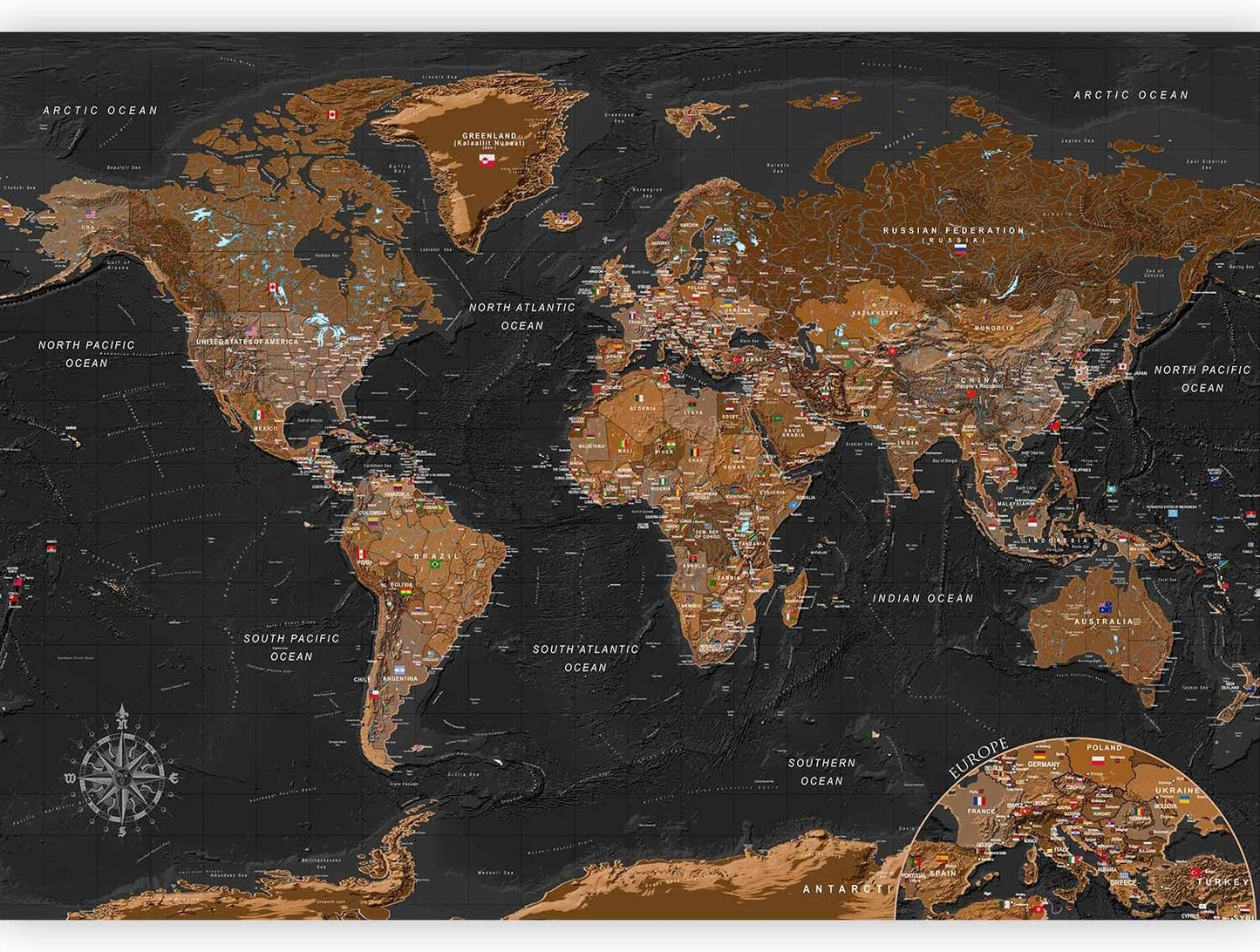 artgeist Premium Wall Mural World Map 118x83 in - XXL Non-Woven Wallpaper Fleece Wall Decor Photo Print Picture Image Design Home Map of The World k-A-0206-a-a