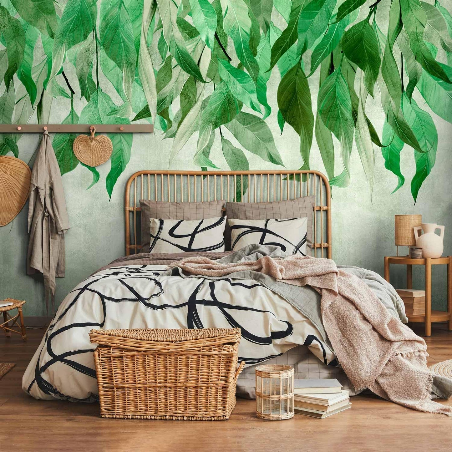 artgeist Wall Mural Hanging Leaves 135x101 in - Peel and Stick Self-Adhesive Wallpaper Removable Large Sticker Foil Wall Decor Print Picture Image Design Nature Botanical Concrete Green b-C-10146-a-a