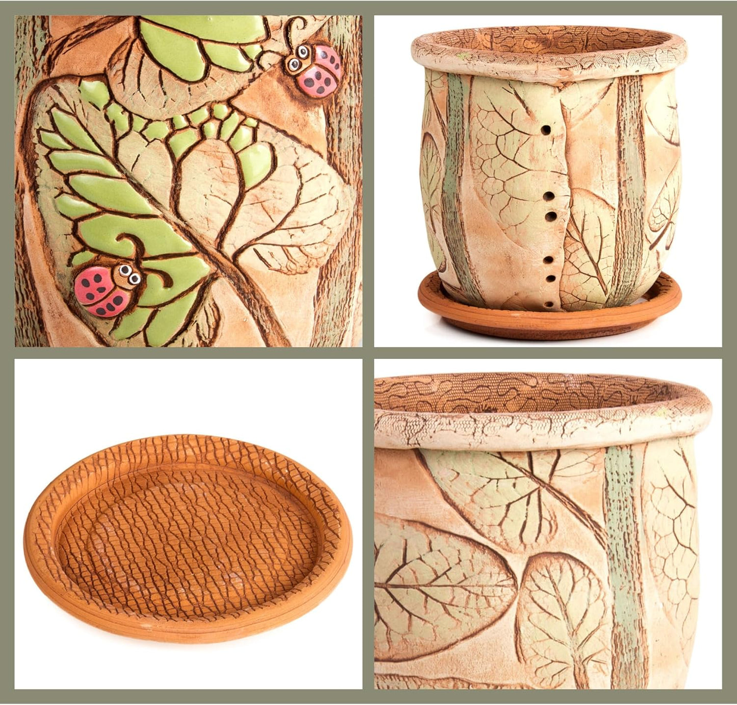 Ceramic Pot with Drainage Hole and Saucer, Plant Pots, Modern Decorative Planters for House Plants Indoor Flowers Plants, Cute Flower Pot - Gifts (Ladybugs (1.6 L))