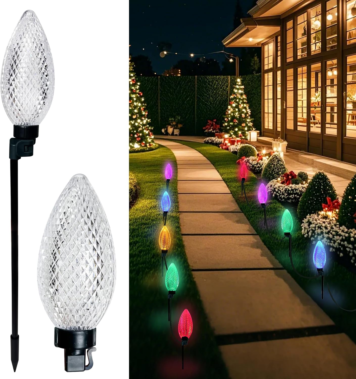 AWQ 10 LED 24.6FT Christmas Pathway Lights, Multi & Warm Color Pinecone Marker Lights with 10 Steel Stake & 11 Modes, Connectable Ground Light for Lawn, Patio, Walkway, Sidewalk (10)