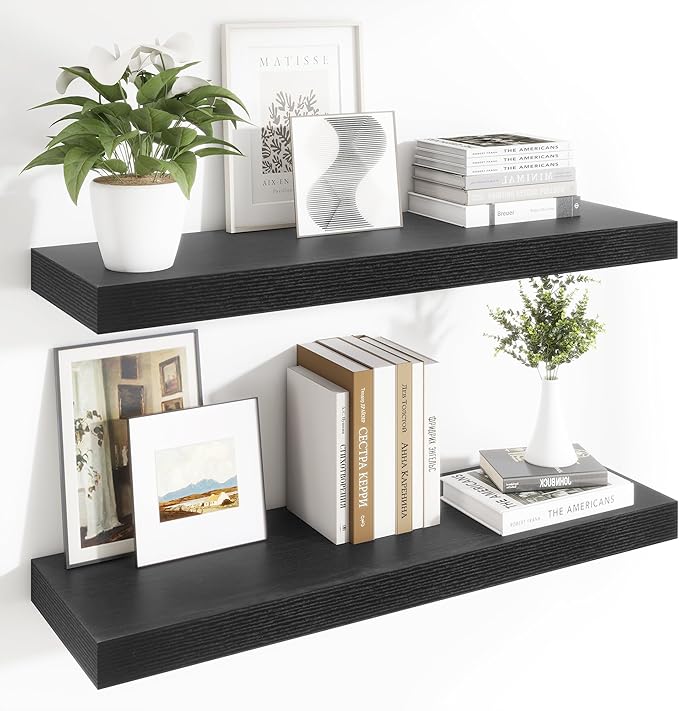 Heimlove 12 Inch Deep Floating Shelves, 48 x 12 inches Long Wall Shelf, Large Display Shelf & Storage Shelf, Rustic Wood Wall Shelves for Fireplace Mantel, Set of 2(Black)