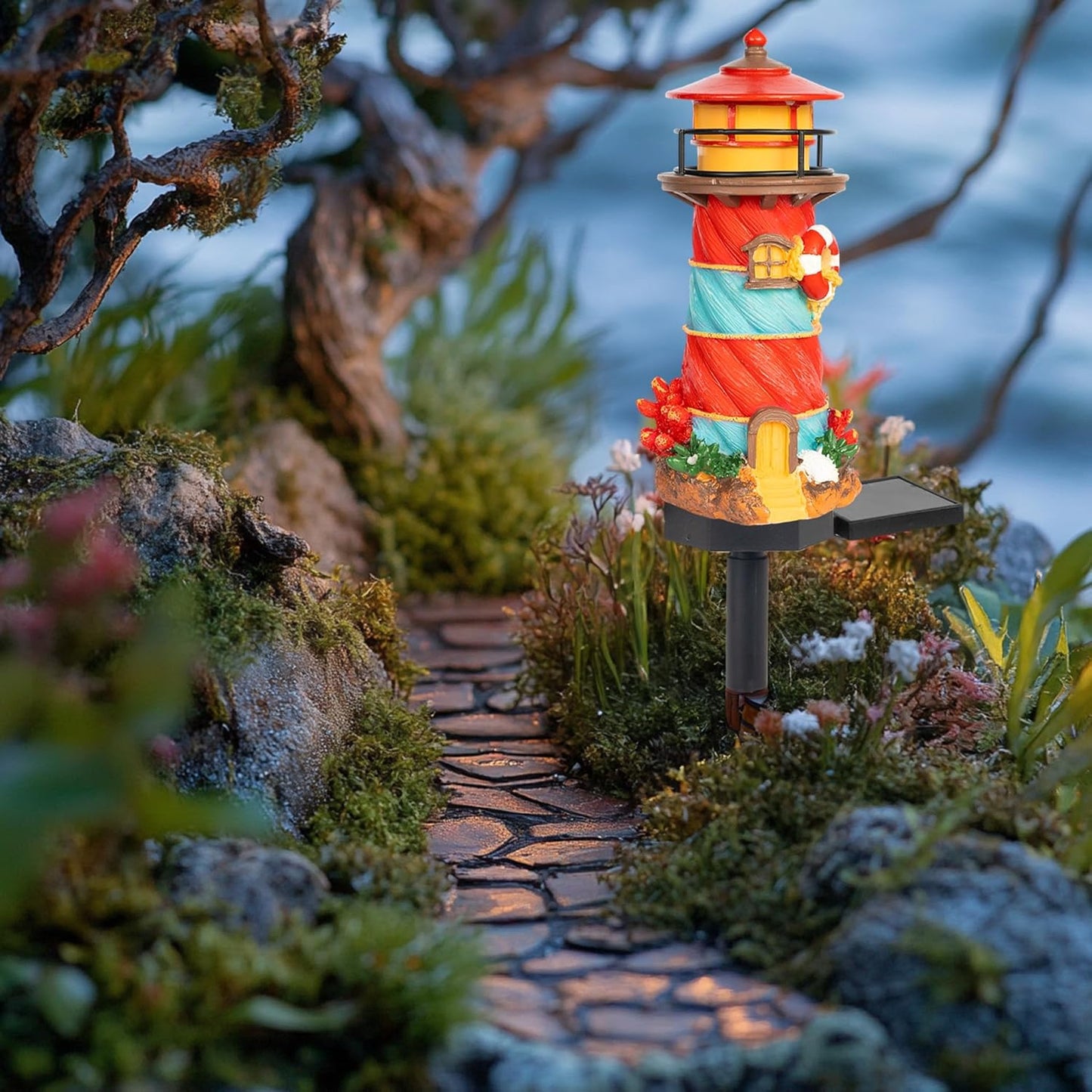 Dazzle Bright Miniature Lighthouse Pathway Decorative Lights, Solar Lights Outdoor Miniature Lighthouse Waterproof Garden Stake Light for Fairy Garden Pathway Lawn Yard Gifts Decoration