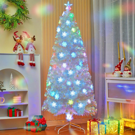 Juegoal 6ft Pre-Lit Artificial Christmas Tree, Lighted Optical Fiber Xmas Trees with Color Changing LED Lights, Snowflakes & Top Star, Party Home Holiday Fake Multicolored Tree with Metal Legs, White