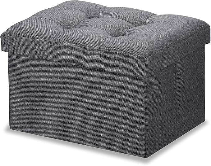 LINMAGCO Ottoman Storage Ottoman with Storage Small Foot Rest Stool Under Desk Stool Short Folding Footrest Linen Cloth Dark Gray 16X12X12IN