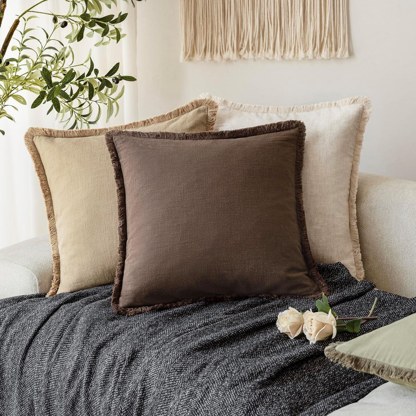 Foindtower Set of 2 Decorative Linen Fringe Throw Pillow Covers Boho Farmhouse Cushion Cover with Tassels Soft Accent Pillowcase for Couch Sofa Bed Living Room Home Decor,22×22 Inch,Reddish Brown