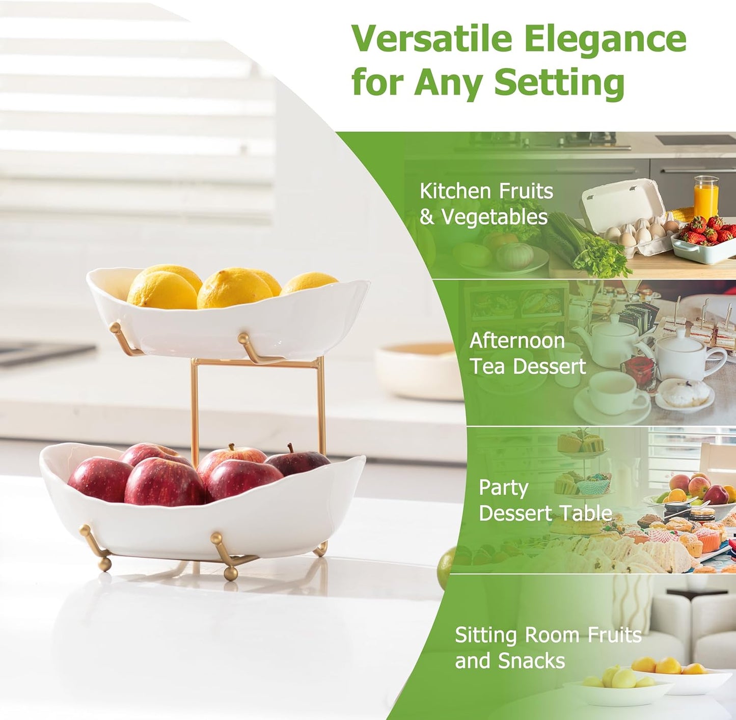 HBlife Fruit Bowl for Kitchen Counter - 2 Tier Fruit Basket with Metal Stand, Ceramic Fruit Holder for Fruit Vegetable Storage, Serving Platters Serving Trays for Party