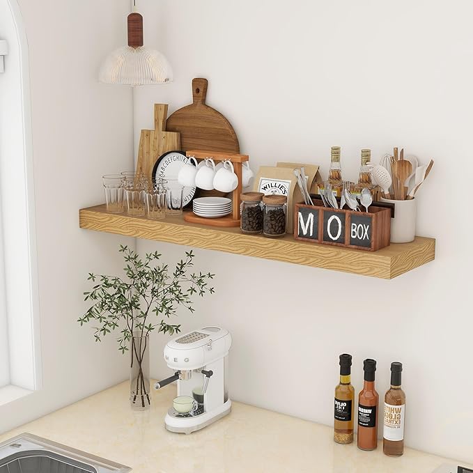 12 Inch Deep Floating Shelves for Wall, 48W x 12D Rustic Oak Wood Floating Shelves, Large Floating Shelves Set of 1 for Living Room Bathroom Laundry Room Bedroom Kitchen Home Office - Oak