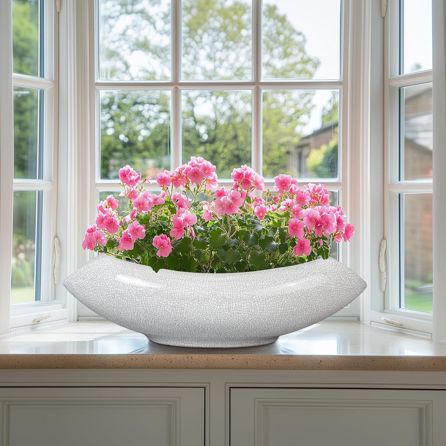 Ceramic Bonsai Tree Pot - 18 Inch Ceramic Pots for Plants, Large Succulent Planter with Drainage Hole for Indoor Outdoor, Unique Planters for Flower, Home Decor, Gardening Gifts, White-Black