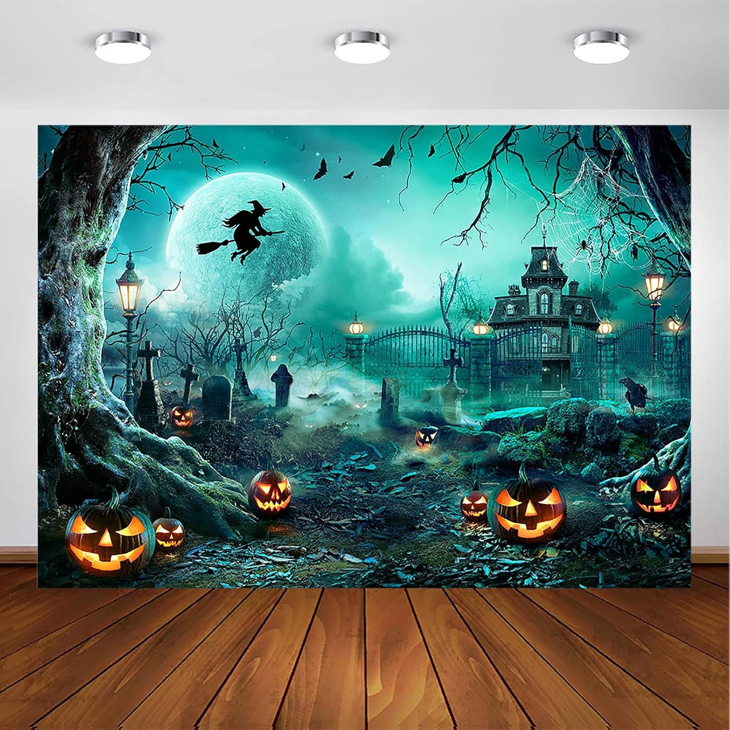 Avezano Halloween Photography Backdrop Full Moon Scary Night Castle Pumpkins Party Background Spooky Witch Bats Cemetery Child Kids Halloween Party Decorations Photoshoot Backdrops (10x7ft, Green)
