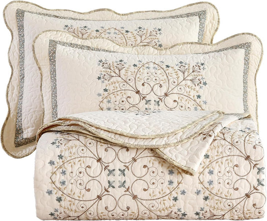 vctops Elegant Embroidered Quilt Set Farmhouse Patchwork Full/Queen Size Reversible Bedspread Coverlet 3 Piece Cotton Quilted Bedding Set for All Season, 1 Quilt + 2 Pillow Sham (87x94 in)