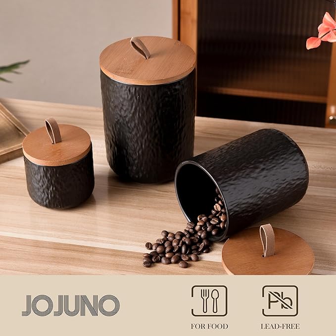 JOJUNO Black Ceramic Canister Set with Wooden Lid, 3-Piece Airtight Food Storage Jars for Kitchen Counter - Flour, Sugar, Coffee, Tea, Spice - Small, Medium, Large Sizes - Stone Texture
