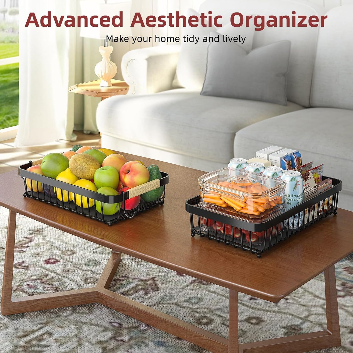 2 Tier Fruit Basket for Kitchen Counter with 2 Mobile Banana Hangers, 2025 Pro Detachable Metal Fruit Bowl with Wooden Handle, Fruit Holder for Bread Snack Veggies with Protective Mats