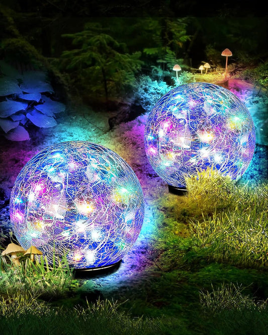 Garden Solar Ball Lights Outdoor Waterproof, 30 LED Cracked Glass Globe Solar Power Ground Lights for Path Yard Patio Lawn, Christmas Decoration Landscape Colorful (2 Pack 3.9'')