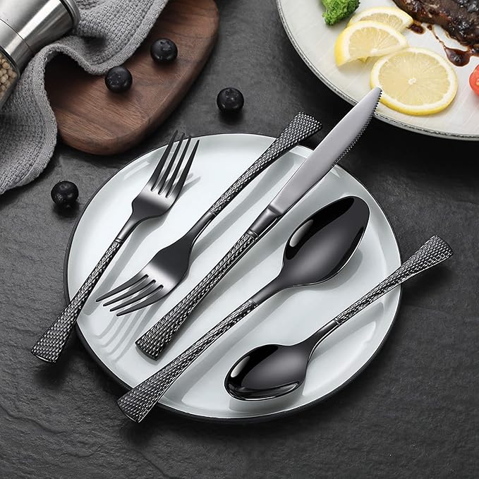 Hammered Black Silverware Set for 8,Stainless Steel 40-Piece Modern Cutlery Set,Mirror Polished Heavy Duty Flatware Set Utensil Set,Knives Spoons and Forks Set,Dishwasher Safe