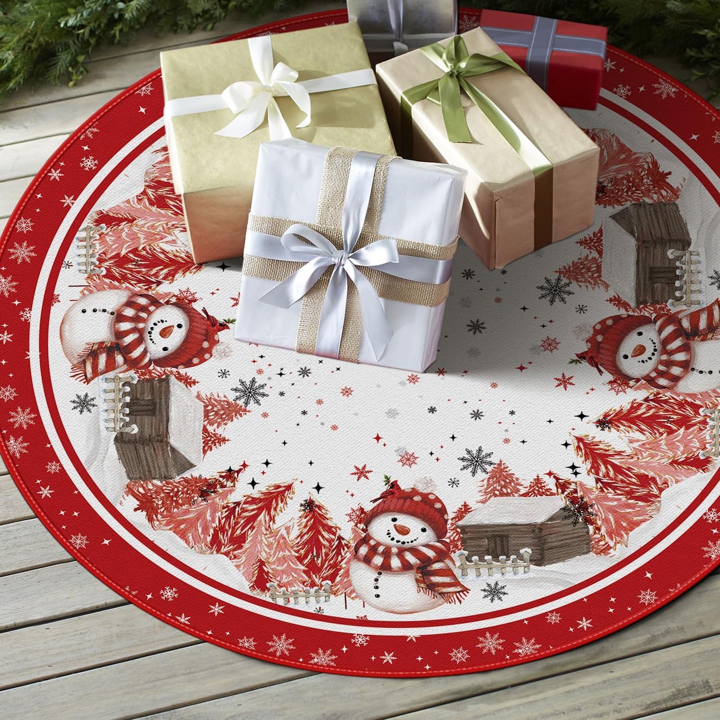 AVOIN colorlife Snowflake Snowman Cardinal Christmas Tree Skirt 36 Inch, Winter Holiday Tree Mat Decoration Red