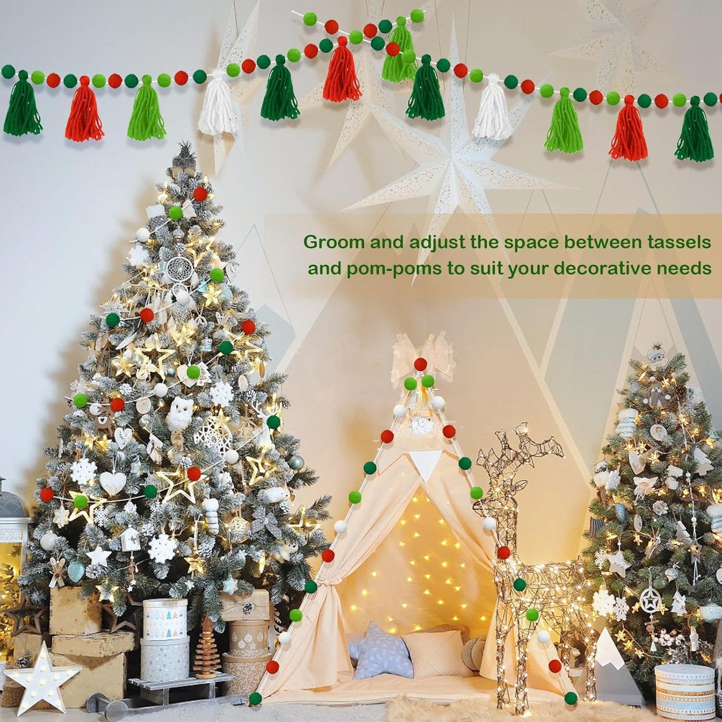 4 Pcs Christmas Tassel Garlands, 9.8 Feet Pom Pom Balls Garland Decor, Colorful Felt Fabric Pennant Banner, Boho Pastel Tassel Wall Door Hanging Decor for Xmas Party Classroom Home Ornament