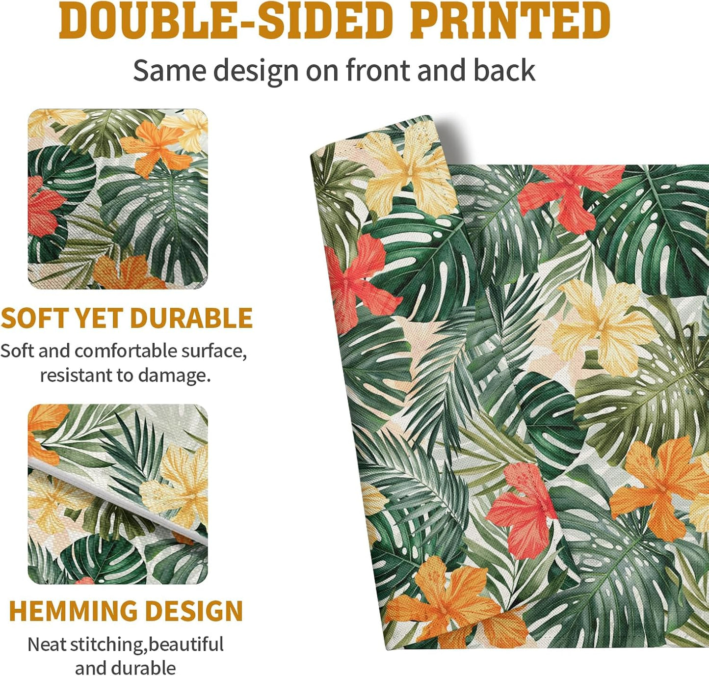 Tropical Palm Leaves Table Mats Set of 4 Summer Watercolor Hibiscus Flower Leaf Placement Mats for Dining Table Washable Non-Slip Heat Resistant Linen Place Mat 12×18 Inch