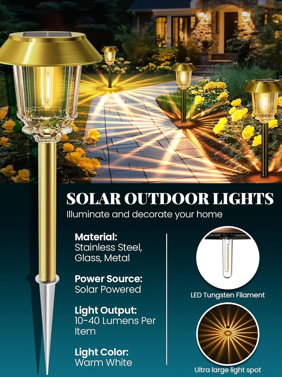 Solar Lights Outdoor Waterproof,4 Pack Gold Pathway Lights with 10-40 LM Dimmable Glass and Metal, Solar Powered Garden Decor for Yard,Patio,Pathway,Driveway Fall Decoration(Warm White)