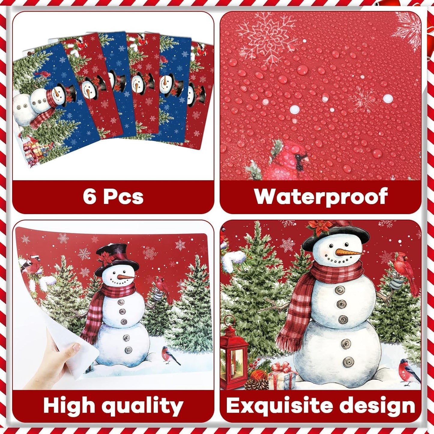 Winter Christmas Placemats Set of 6 Red Blue Snowman Plastic Table Mats Christmas Tree Birds Place Mats Washable Vinyl Seasonal Winter Table Decoration for Indoor Outdoor Party Kitchen Dining