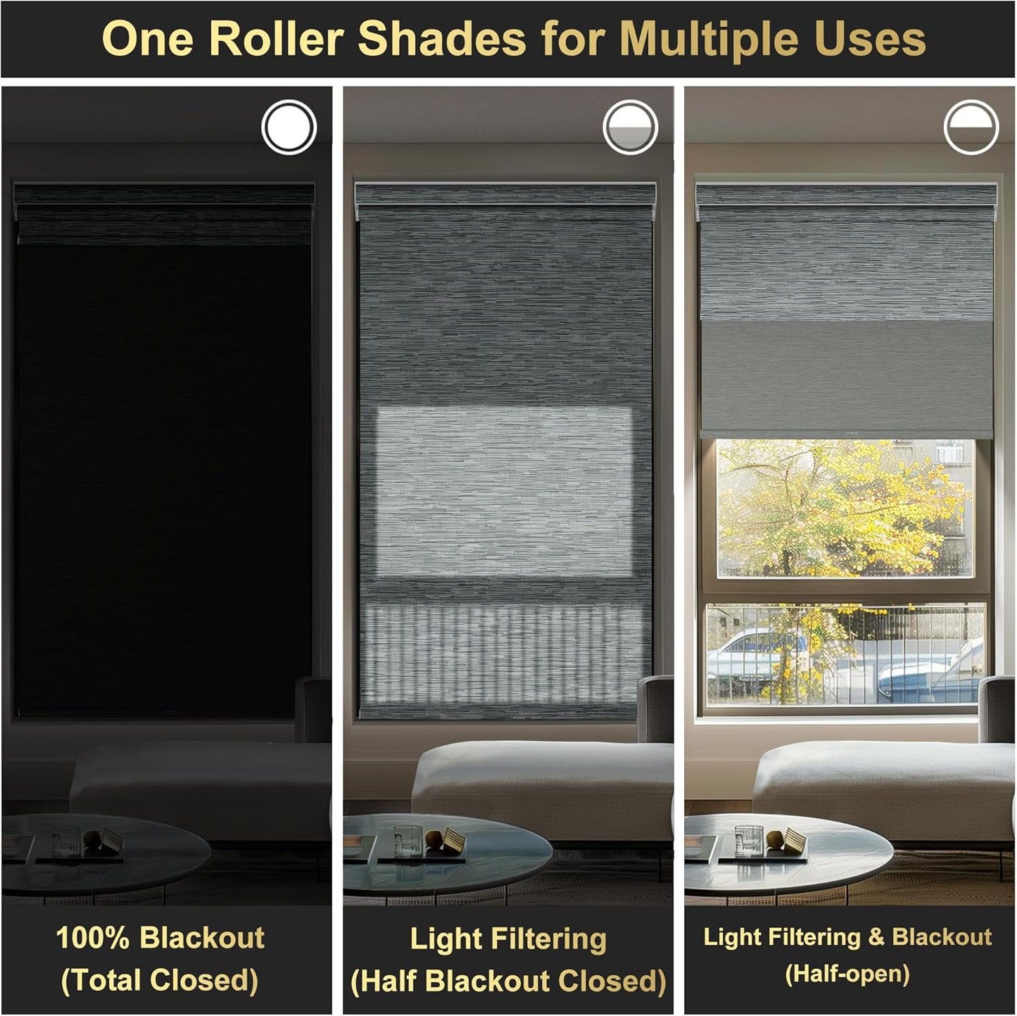 BERISSA Cordless Dual Roller Shades with Cassette Valance, Double Window Shades - Blackout and Light Filtering, Day and Night for Home Office Door. Striped Jacquard Grey. 74 W x 48" H