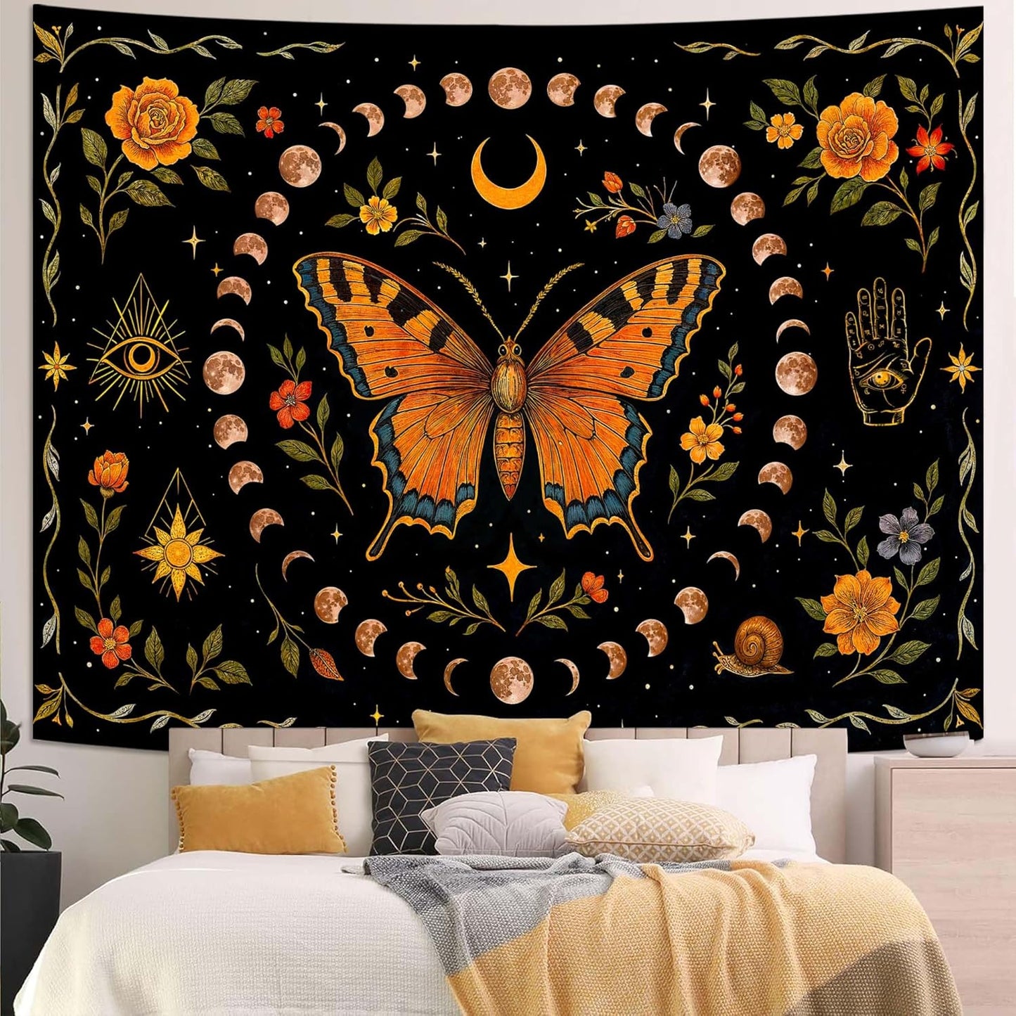 Lunerfex Moon Phase Butterfly Floral Wall Tapestry, Celestial Botanical Tapestries for Room Decor, Mystical Tapestry 60x44 Inch
