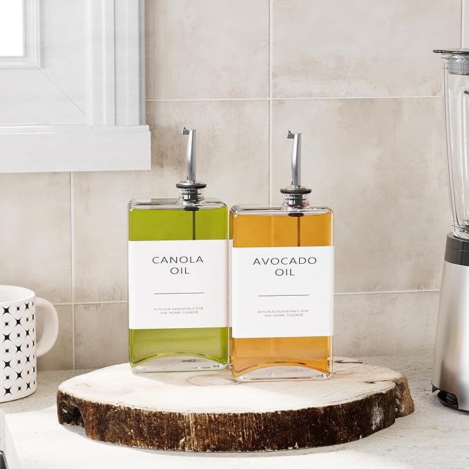 New England Stories Kitchen Cooking Oil Dispenser Set, Olive Oil and Vinegar Bottles, Soy Sauce Dispenser - 2 Pieces, Silver, Durable & Stylish Design