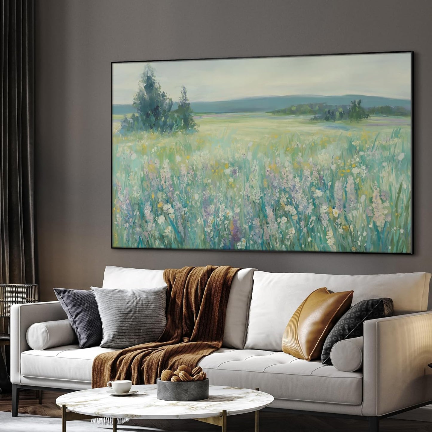 SIGNWIN 46"x72" Extra Large Framed Wall Art Wildflower Meadow Landscape Soft Pastel Nature Illustration for Home Living Room Bedroom Decor (Frame Assembly Required)