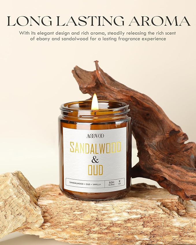 AOOVOO Sandalwood Oud Candle - Sandalwood Candle, Scented Candles, Soy Candles for Home Scented, 9oz