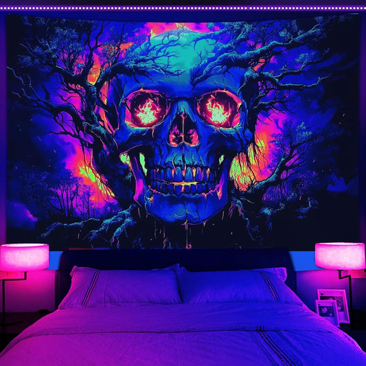 Xiaoput Blacklight Fire Skull Tapestry for Bedroom, Trippy UV Reactive Burning Skeleton Forest Wall Hanging Tapestries, Scary Dark Horror Glow in the Dark Tapestries for Living Room Home Dorm 90X70IN