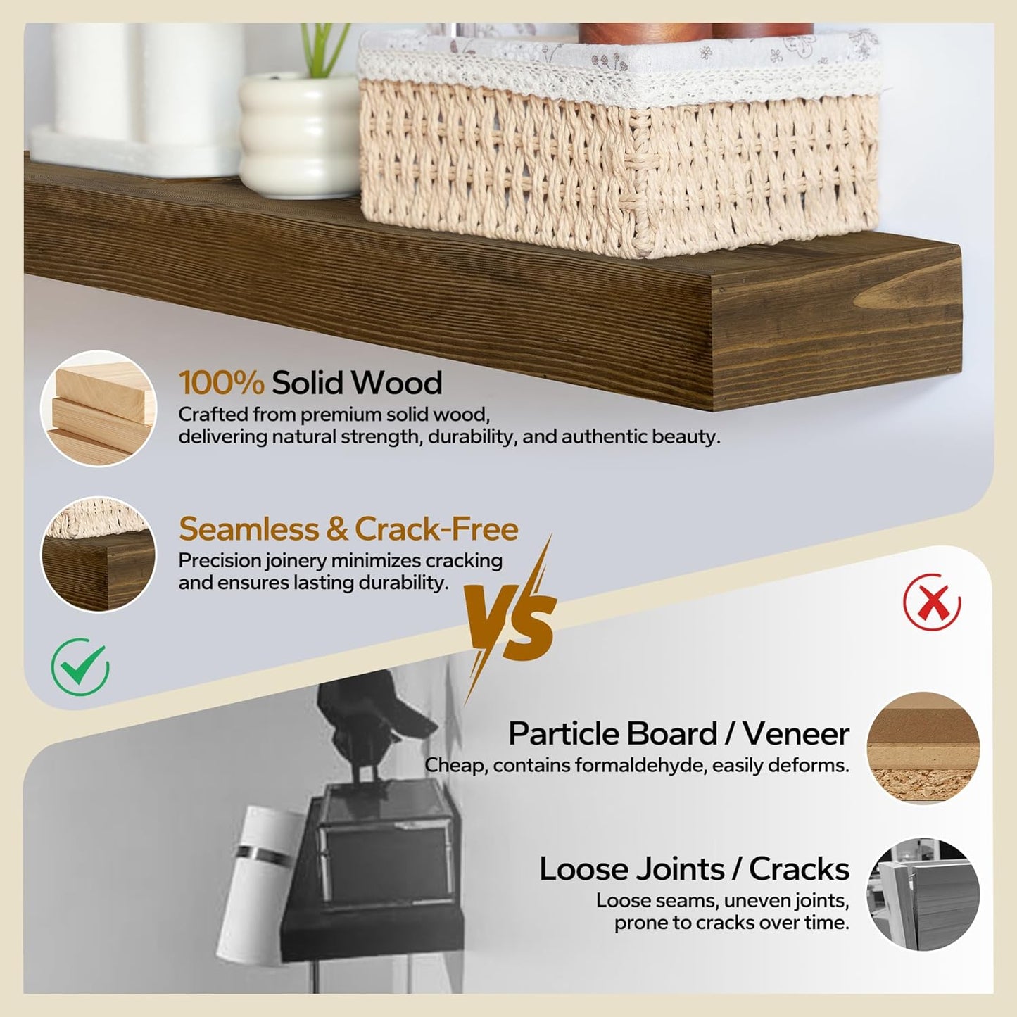 Floating Shelves 3 inch Thick for Wall Set of 2,Solid Pine Wood Wall Mount Shelf for Kitchen Living Room Bedroom Bathroom,8" D x 36" L x 3" H-Black Walnut