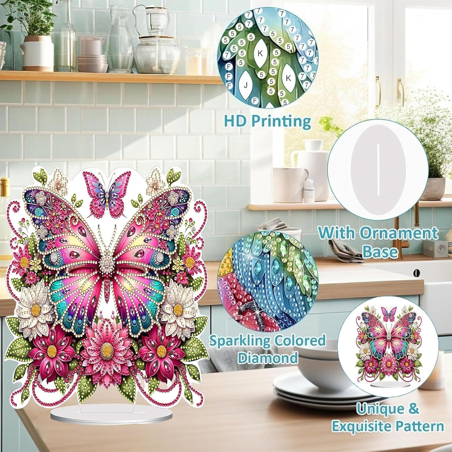 Diamond Painting Kits for Adults Beginners, 5D Full Drill Flowers and Butterfly Crystal Art Desktop Ornament, DIY Single Sided Home Office Desk Decor, Creative Craft Gift Set with Tools