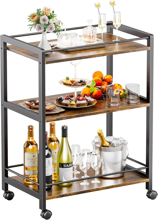 HITNET Bar Cart for The Home, Home Bar Serving Cart with Wheels and Storage Shelves, 3 Tier Rolling Liquor Beverage Cart for Kitchen Dining Living Room, Rustic Brown and Black