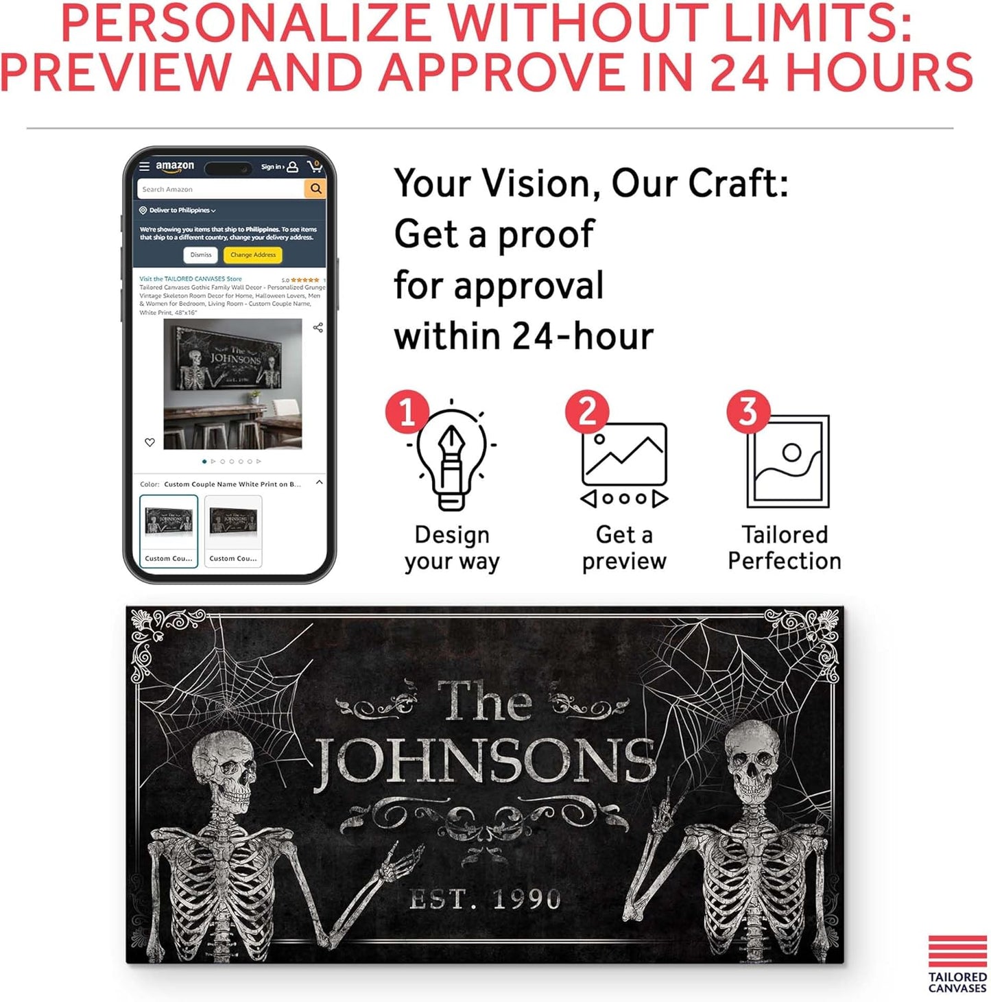 Tailored Canvases Gothic Family Wall Decor - Personalized Grunge Vintage Skeleton Room Decor for Home, Halloween Lovers, Men & Women for Bedroom, Living Room - Custom Couple Name, White Print, 48"x24"