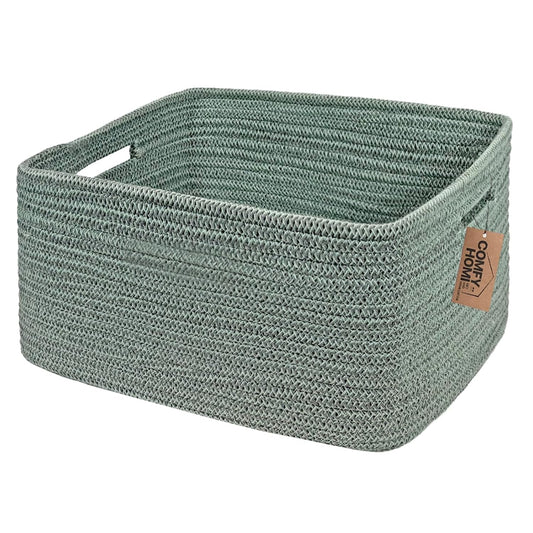 COMFY-HOMI Cotton Rope Woven Basket with Handles for Shelves,Toys,Book, Cloth Storage Baskets for Organizing-17" x 13" x 7.5" Toy Decorative Organizer for Living Room, Bathroom （Green）
