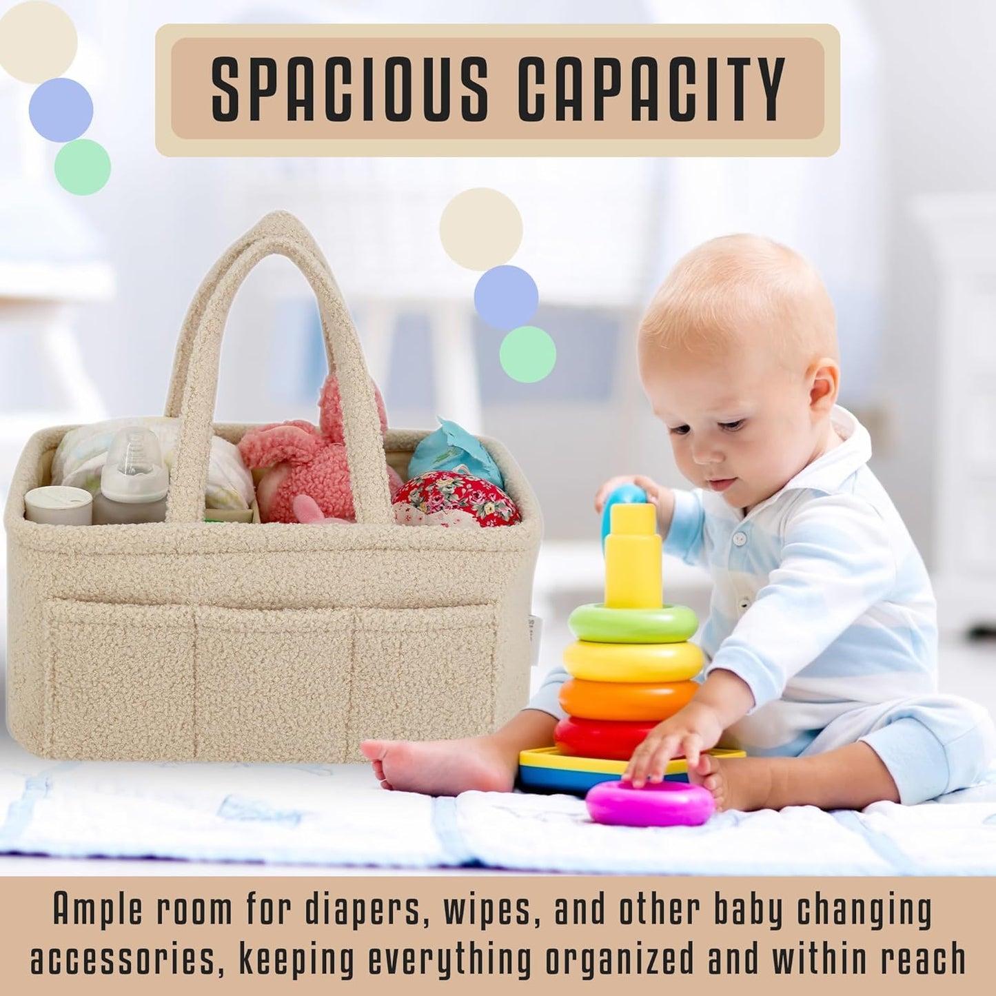 Baby Diaper Caddy Organizer – Soft Beige Sherpa with 3 Removable Compartments & 6 Side Pockets – Perfect Nursery Storage Bin & Car Organizer for Diapers, Baby Wipes, and Essential Supplies.