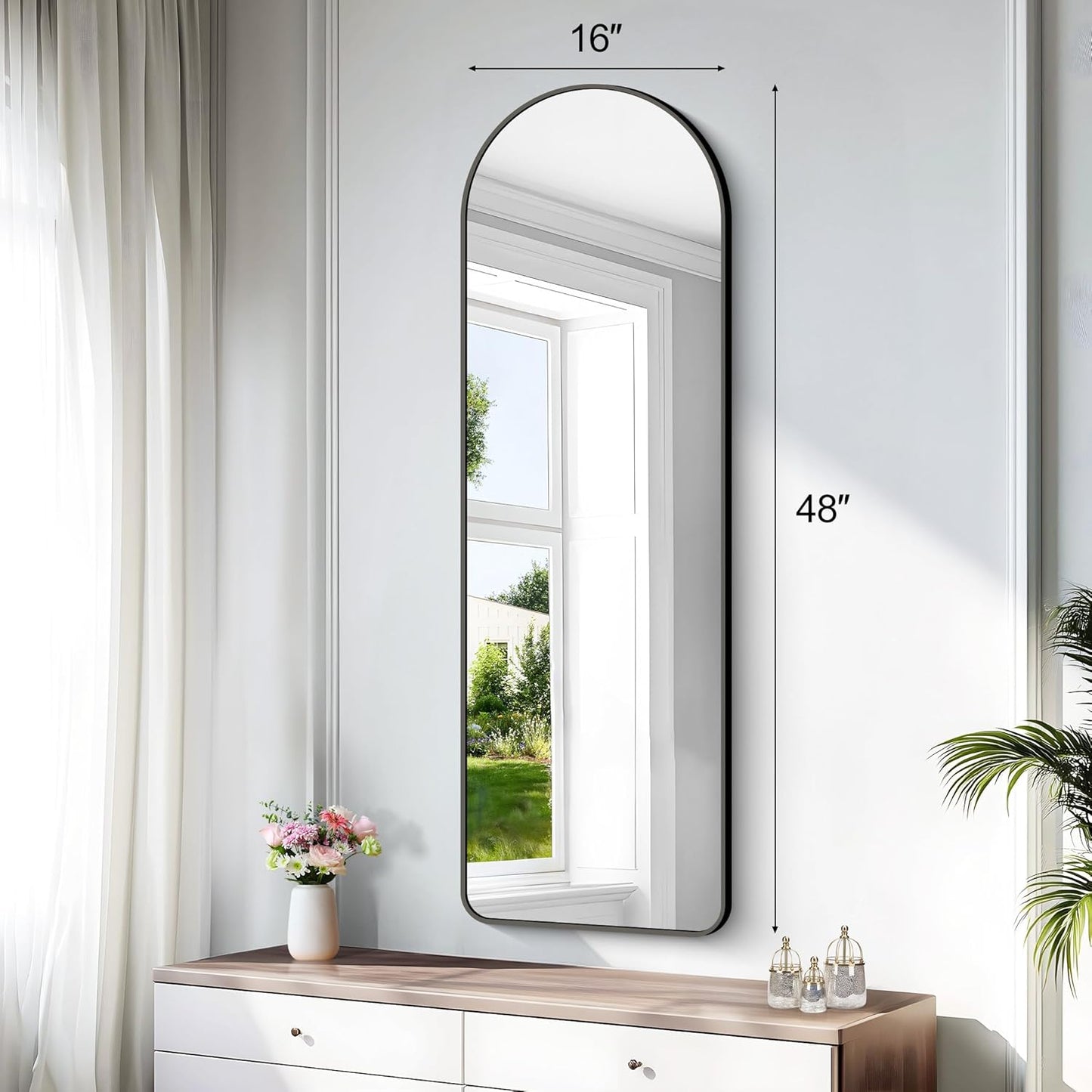 Arched Bathroom Mirror, 16"x48" Black Arched Mirror for Bathroom, Wall Mounted Mirror, Vanity Wall Mirror w/Metal Frame for Bedroom, Entryway, Living Room, Vertically Hanging